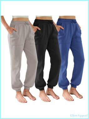 Fleece Lined Sweatpants 3 Pack, High Waisted Joggers with Pockets, Baggy Lounge